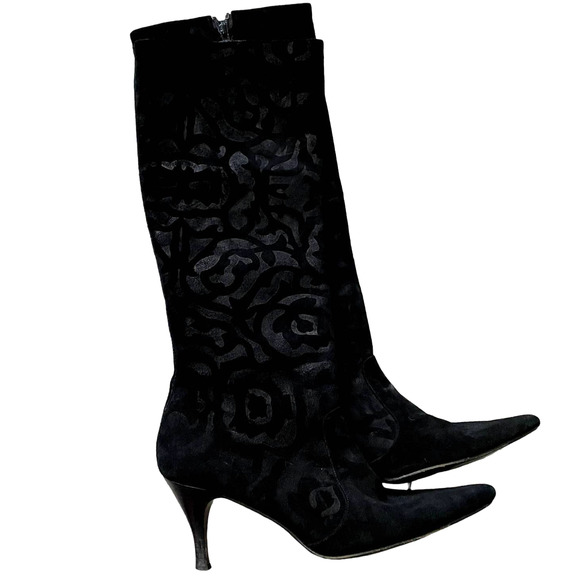 Cole Haan Shoes - Cole Haan Vintage Pointed Toe Knee High Heeled Boots in Black Floral Suede SZ 6